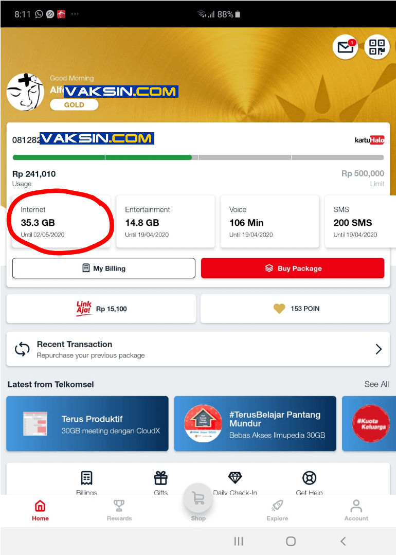 Tampak muka paket internet Telkomsel sesudah pembelian Cloud X Rp. 10,- 30 GB.