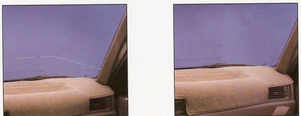 Two pictures of a car window with a blue sky in the background.