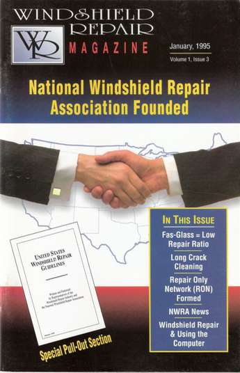 The cover of a windshield repair magazine shows two people shaking hands