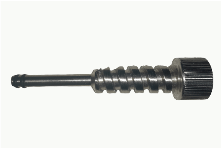 A close up of a metal screw on a white background.