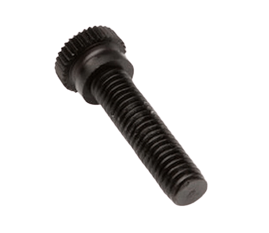 A close up of a black screw on a white background