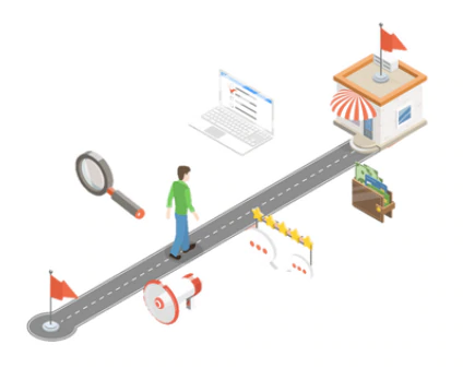 An isometric illustration of a man walking down a road to a store.