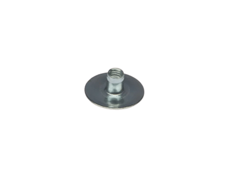 A close up of a screw on a rubber pad on a white background.