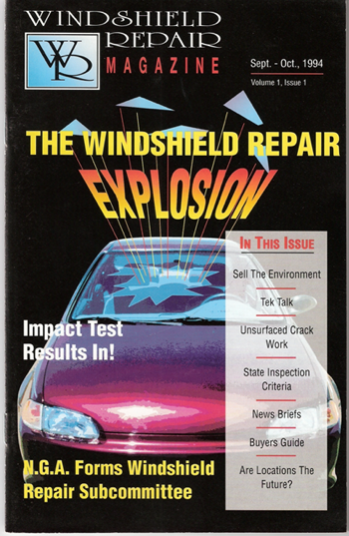 A red car is on the cover of a windshield repair magazine