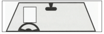 A black and white drawing of a car windshield with a steering wheel.