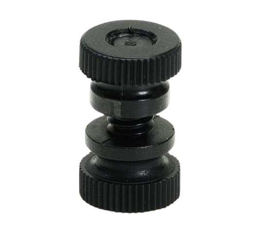 A close up of a black screw on a white background