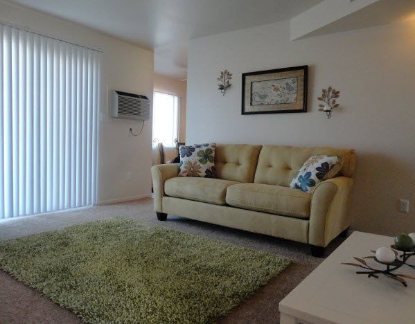 Interior of living room with tan couch