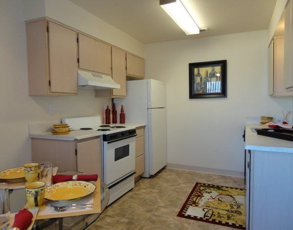 Interior of kitchen with appliances