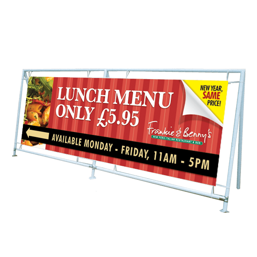 printed banner in a metal frame
