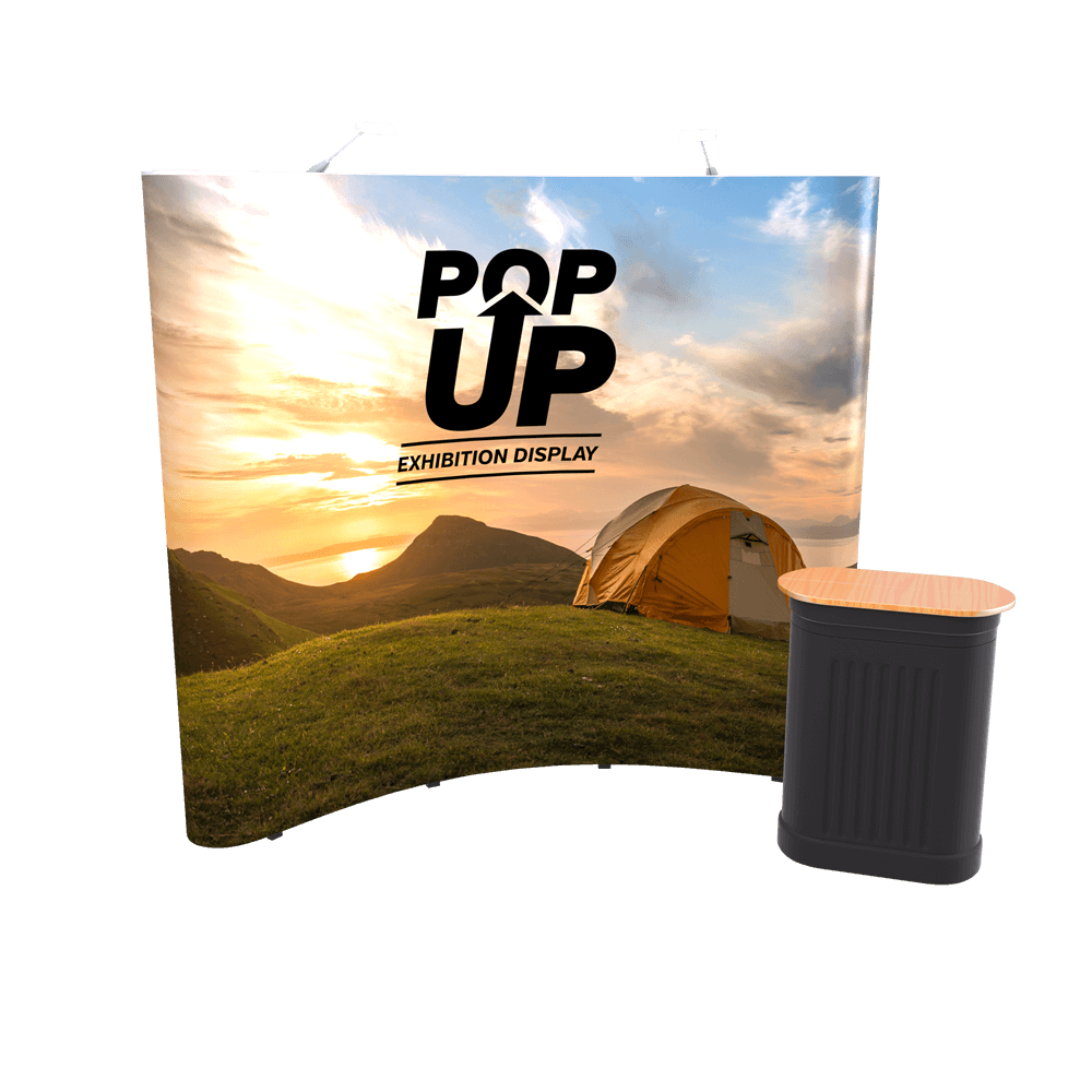 curved pop up display with counter