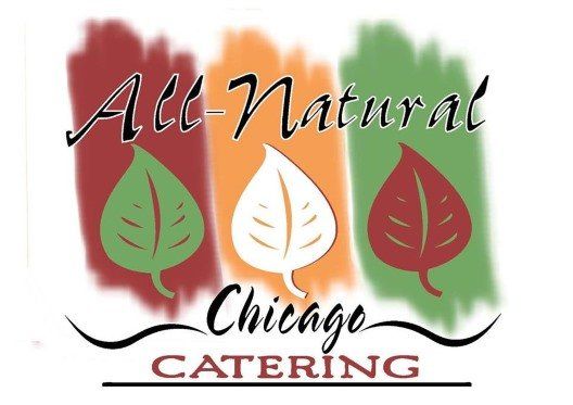 Logo for All-Natural Chicago Catering, with leaves and color blocks: red, orange, and green.