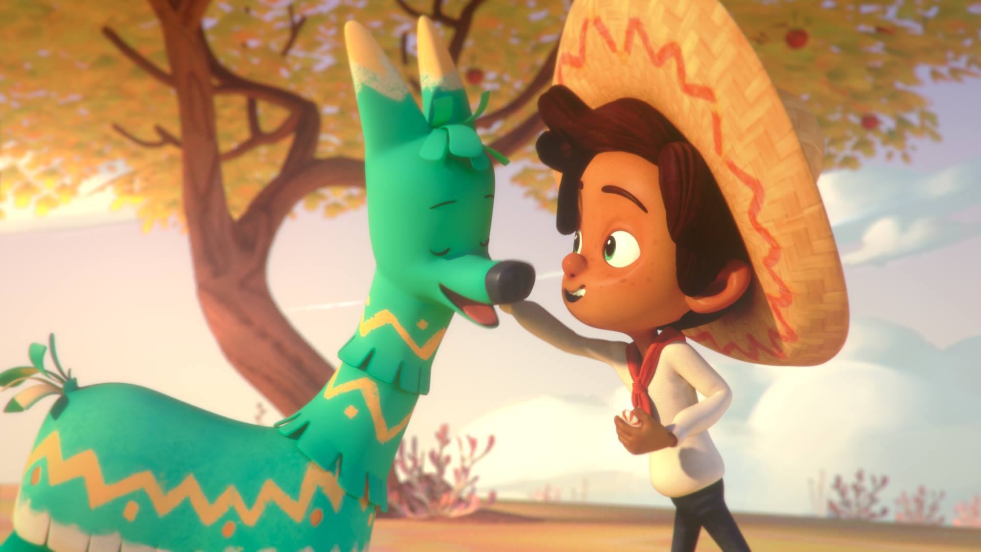 Boy in sombrero petting a teal piƱata in a sunny outdoor setting.