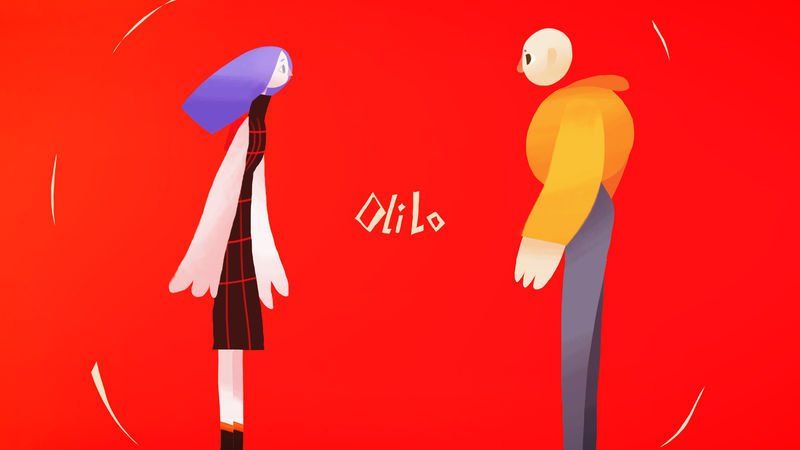 Two cartoon figures facing each other against a red backdrop. One with purple hair and black dress. The other has a yellow shirt.