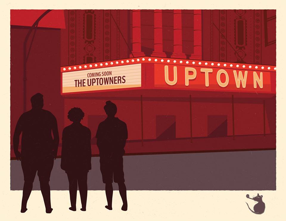 Three figures silhouetted in front of the Uptown theater. Red facade, marquee reads