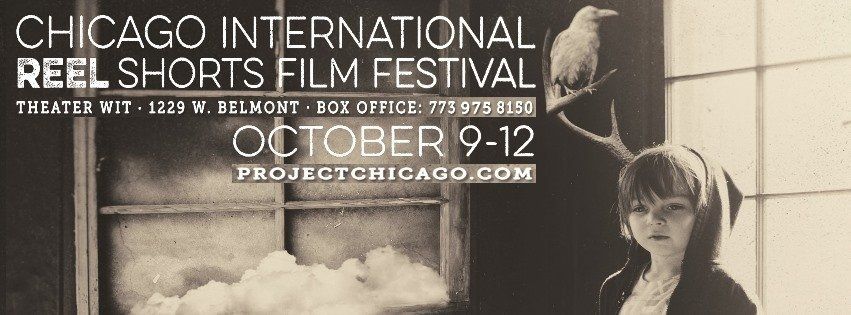 Poster for Chicago Reel Shorts Film Festival, with woman, crow, and window.