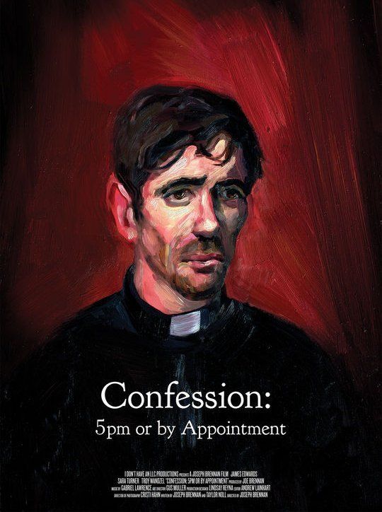 A somber portrait of a priest in a dark robe, red background. Text reads