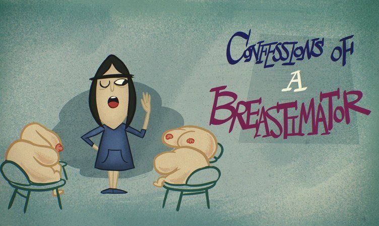 Cartoon of woman in blue dress, arms raised, talking to two breasts in chairs; title: 
