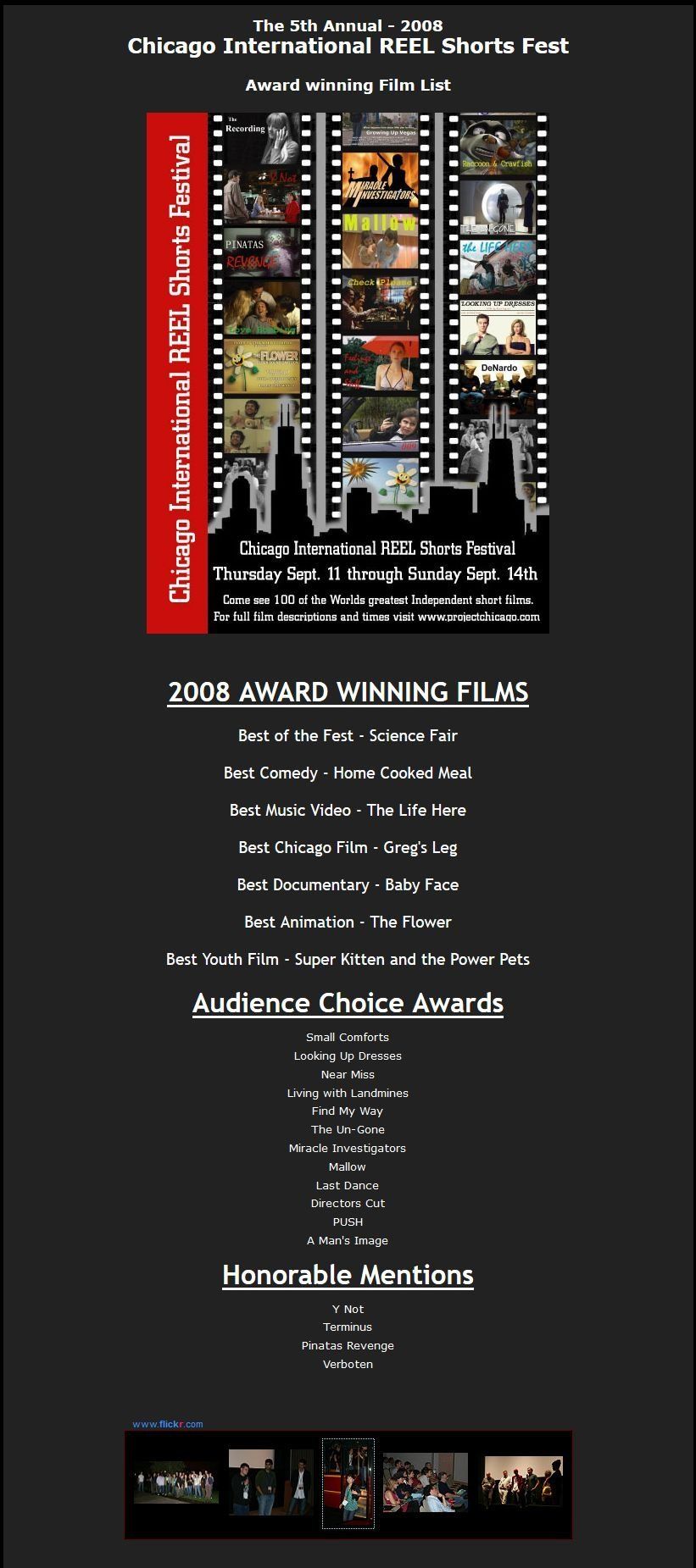 Chicago International Reel Shorts Fest poster with film reel graphic and event details.