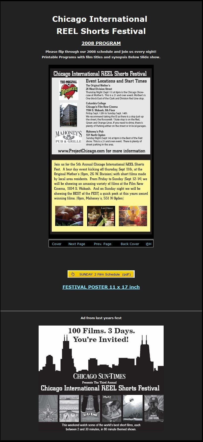 Chicago International REEL Shorts Festival advertisement with festival information.
