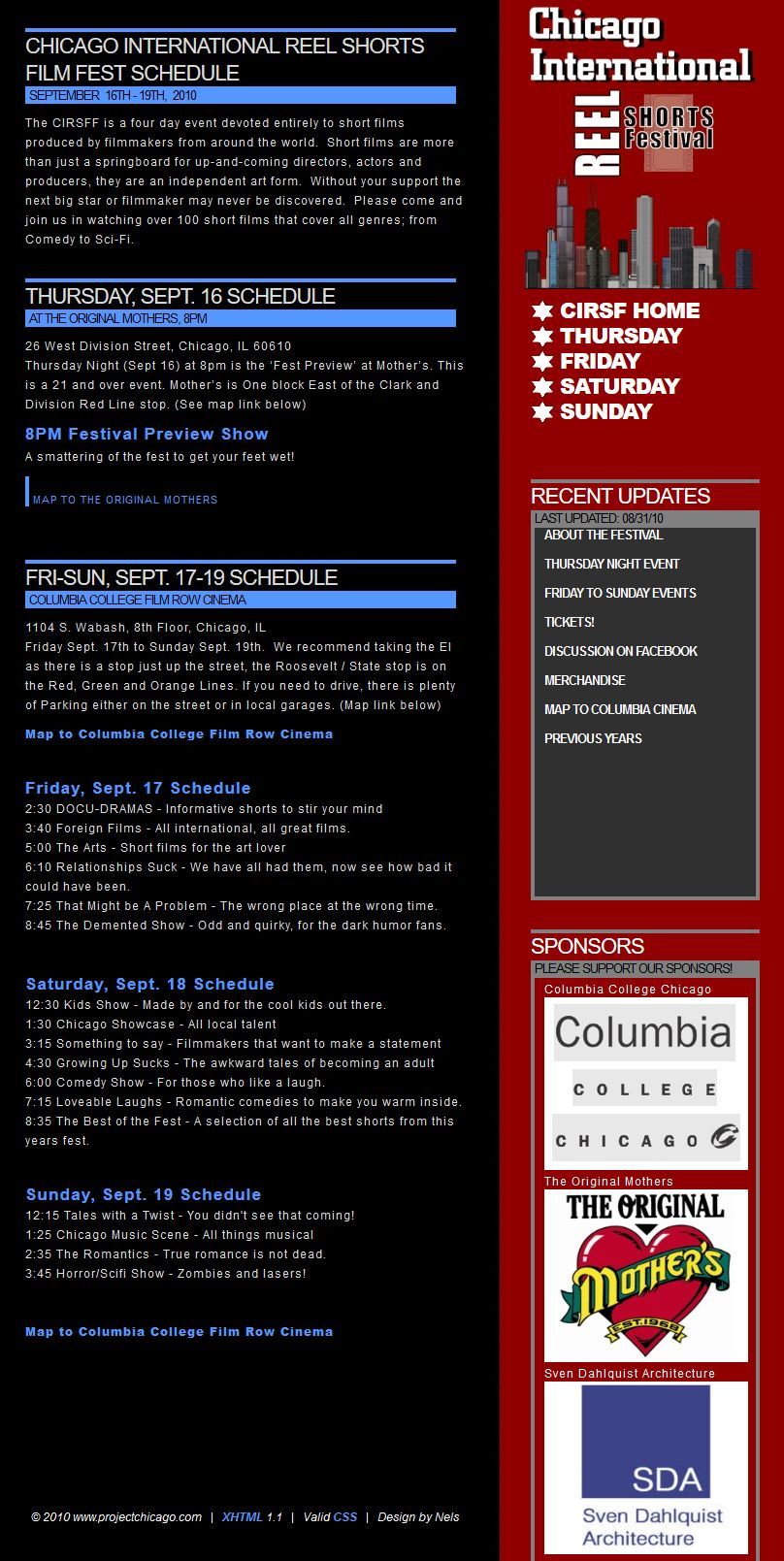 Chicago International Film Festival website layout. Dark background, red and white accents, text navigation.