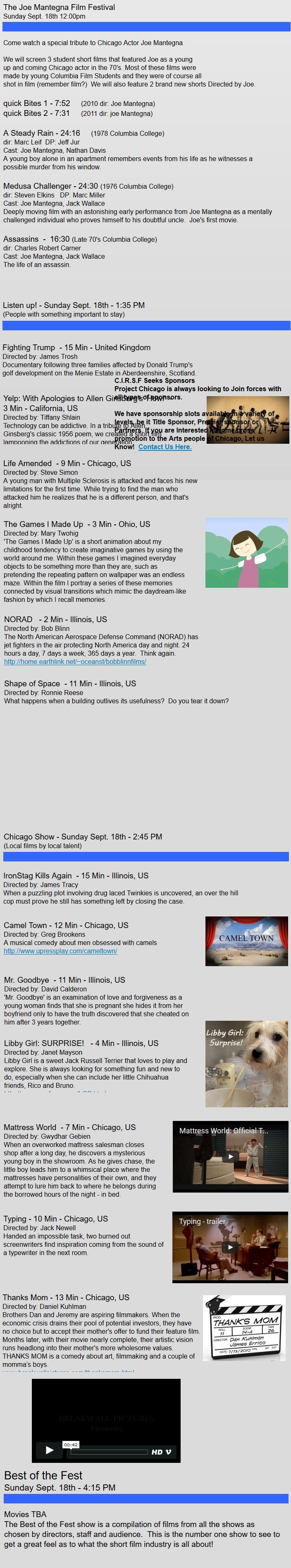 A vertical webpage with text, images, and a video player. Several pictures of animals and a cartoon character are present.