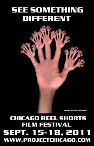 Poster for Chicago Reel Shorts Film Festival with a hand branching into many smaller hands.