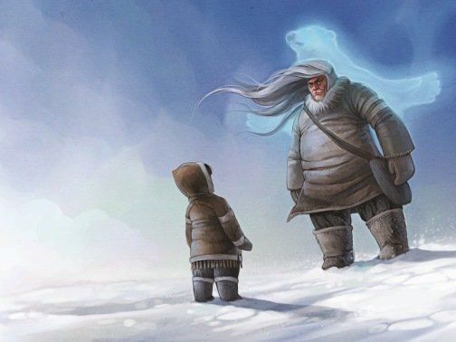 Adult figure and small child in snowy setting; a ghostly polar bear floats above.