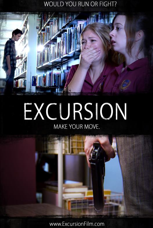 Movie poster: Two girls scared in a library, one covering her mouth. A man holding a gun.