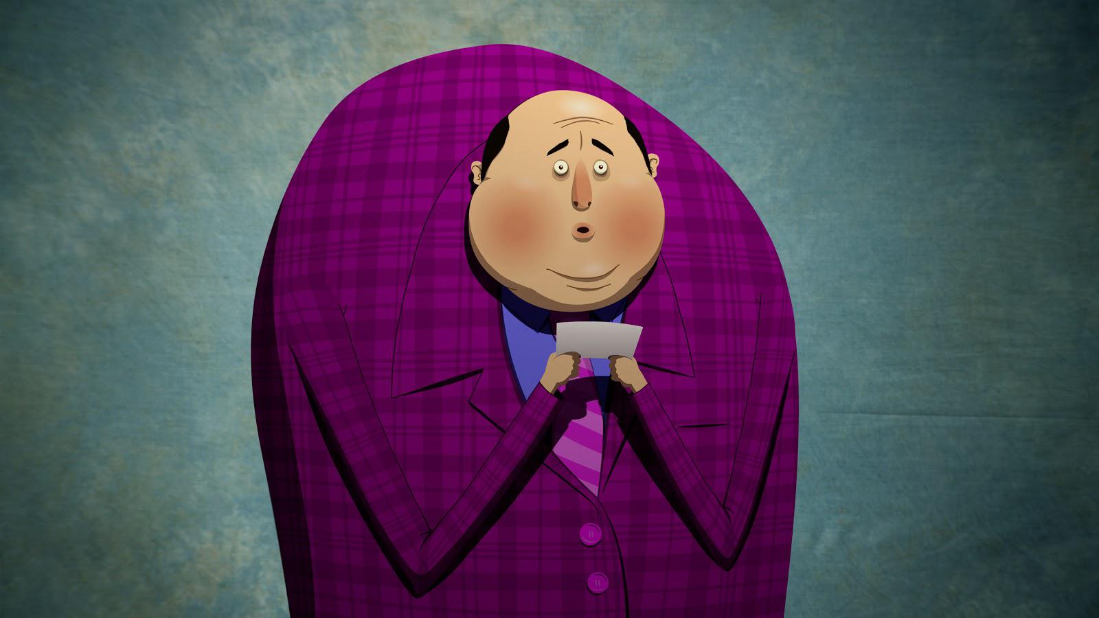 Animated man in purple plaid suit looks surprised, holding paper.