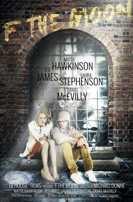 Movie poster: Man and woman sit in doorway. Rain falls. Title: