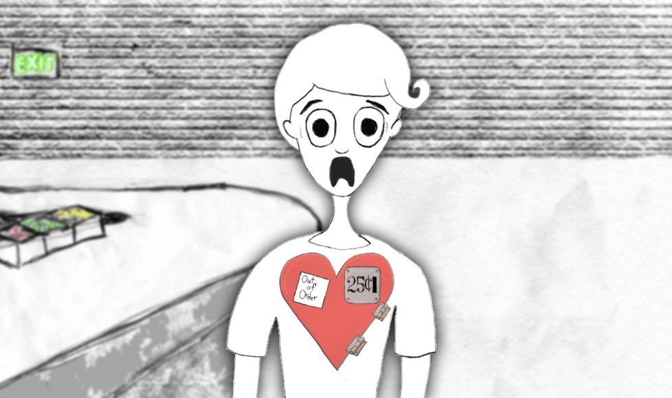 Cartoon figure with a red heart patch, panicked expression. Setting appears to be an institutional hallway.