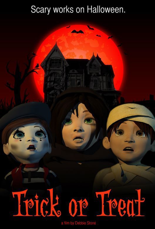 Poster with three cartoon children looking surprised, with a haunted house backdrop and red moon.
