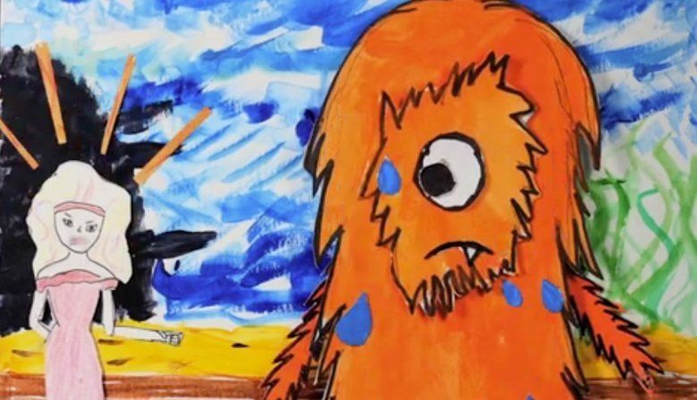 Orange monster crying in front of a woman. Blue tears, green, and blue background.