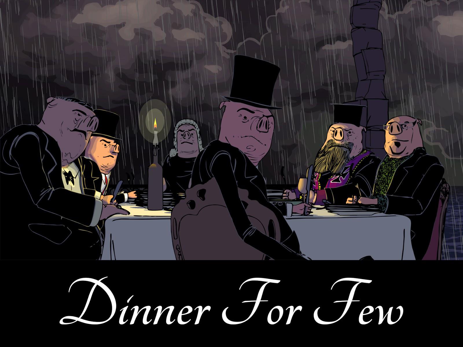 Wealthy men in suits and top hats dine outdoors in the rain, a candle illuminating their table.