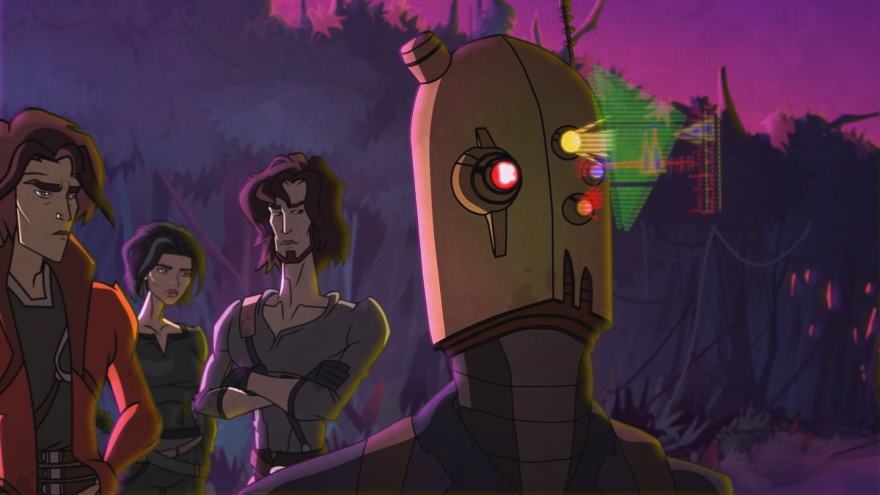 Animated scene: Group of people, robot. Swamp setting, moody lighting.