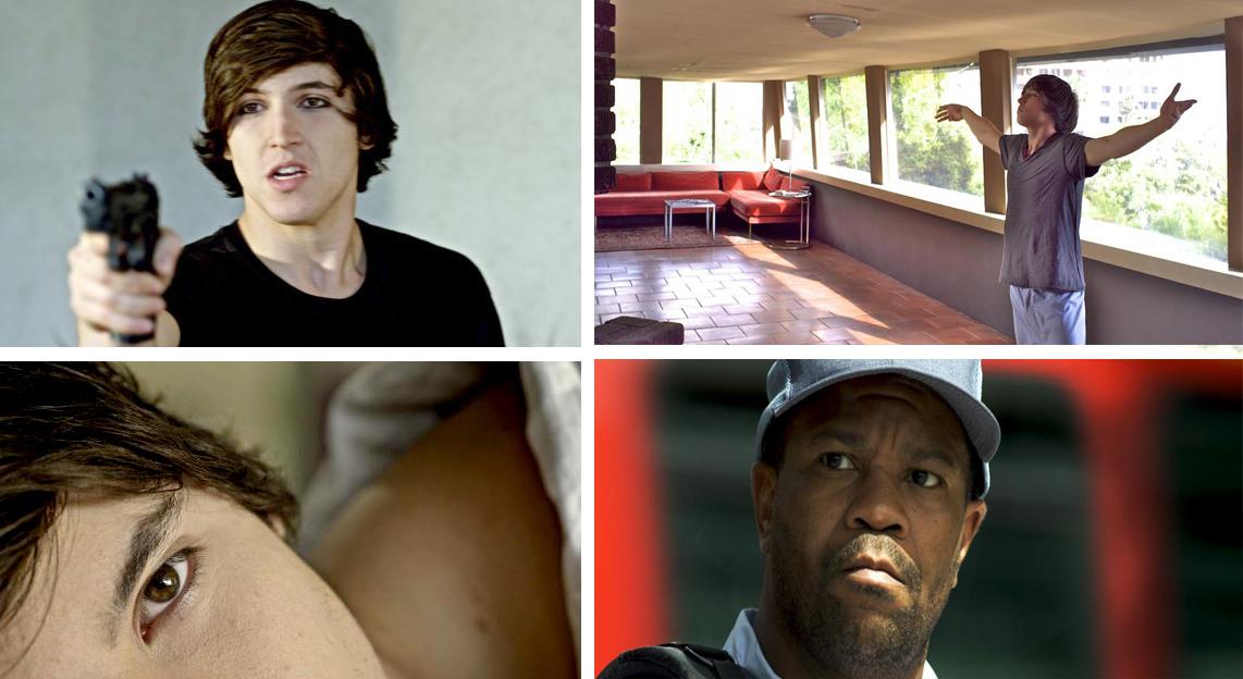 Four photo montage: man pointing gun, woman with arms raised by windows, close-up of eye, older man with concerned expression.