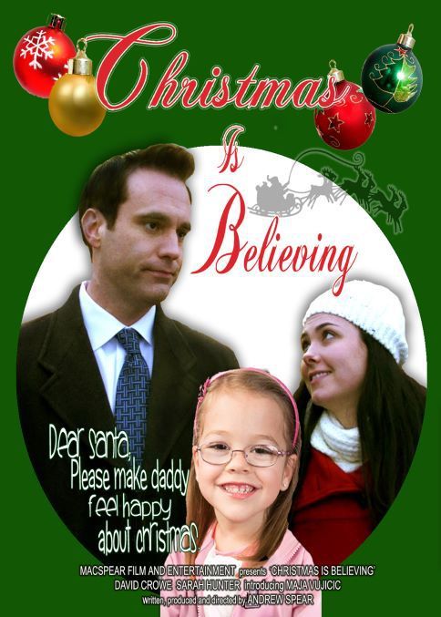 Movie poster: Family of three, smiling, with Christmas decorations. Text