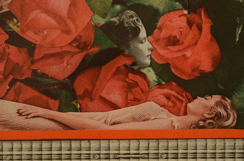 Collage: Woman in casket, roses surround her. Face of woman in profile above roses.