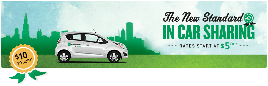 White car on green grass. Offers car sharing with a $10 sign, and rates starting at $5.