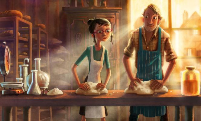A baker and assistant kneading dough in a sunlit bakery, wearing aprons and smiling.