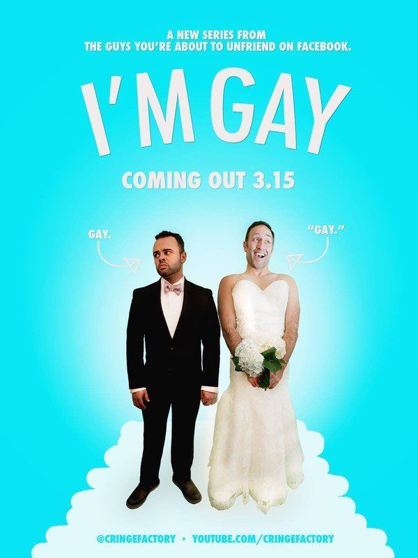 Poster: Two men, one in a tuxedo, the other in a wedding dress, on a light blue background. Text: 