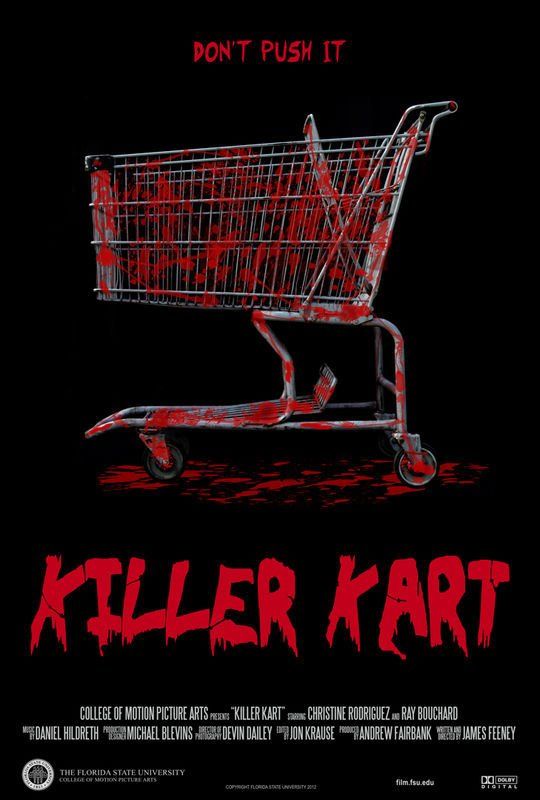 A bloody shopping cart on a black background, with the title