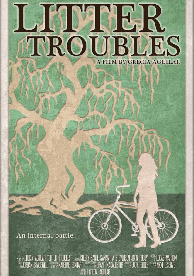Poster of a girl and bike silhouetted against a weeping willow tree on a green background. Title: Litter Troubles.
