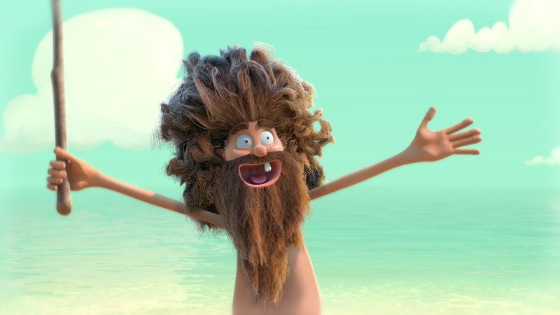 Animated man, shipwrecked on a beach, arms outstretched, holding a stick, big hair, and a joyful expression.