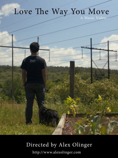 Man and dog in garden; text 