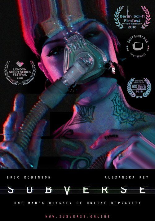 Woman with mask, tattoos, and glitchy visuals, promoting