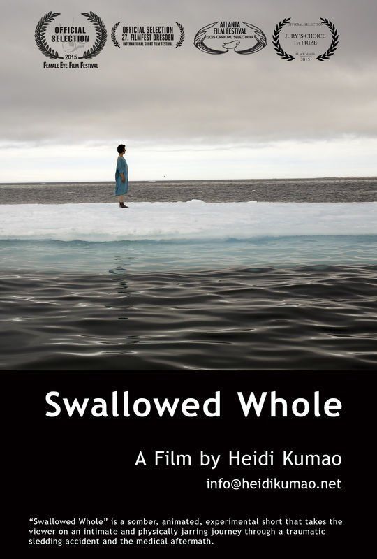 A person stands on ice, gazing at water; film poster for