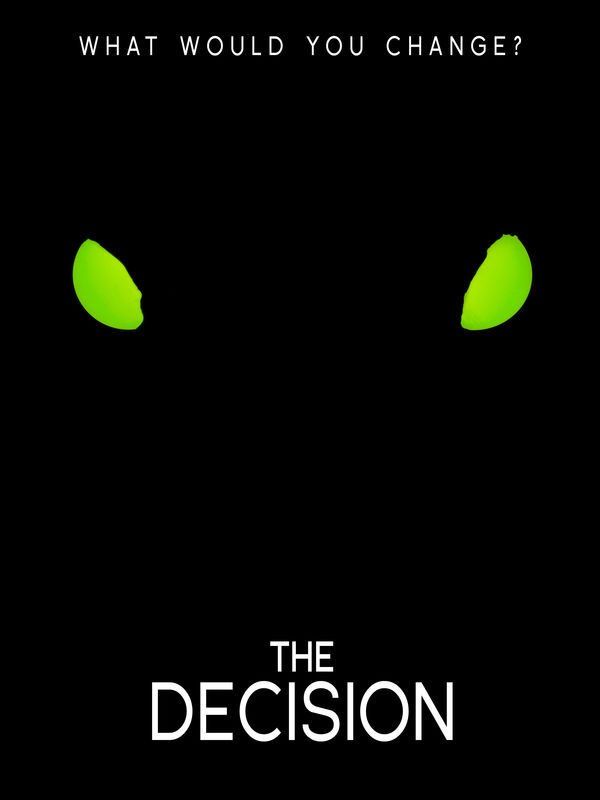 Black background, green glowing eyes, text