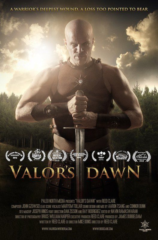 Man in warrior garb holding a sword, outdoor setting, Valor's Dawn movie poster.