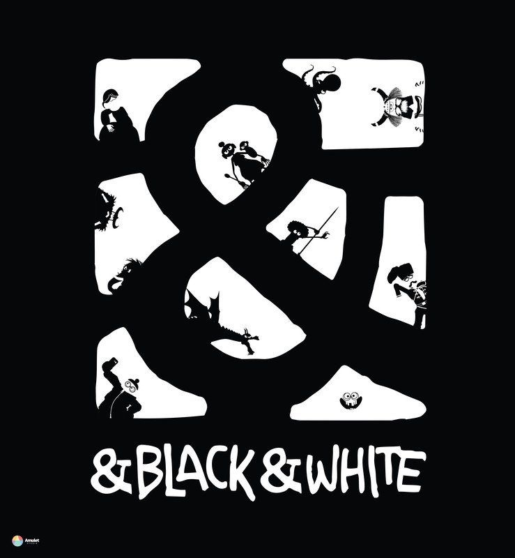 Black and white design with a large ampersand containing small illustrations of people. Text below: